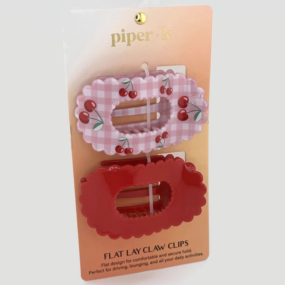 Piper K Cherries Flat Lay Hair Claw Clips Set of 2 Red Pink